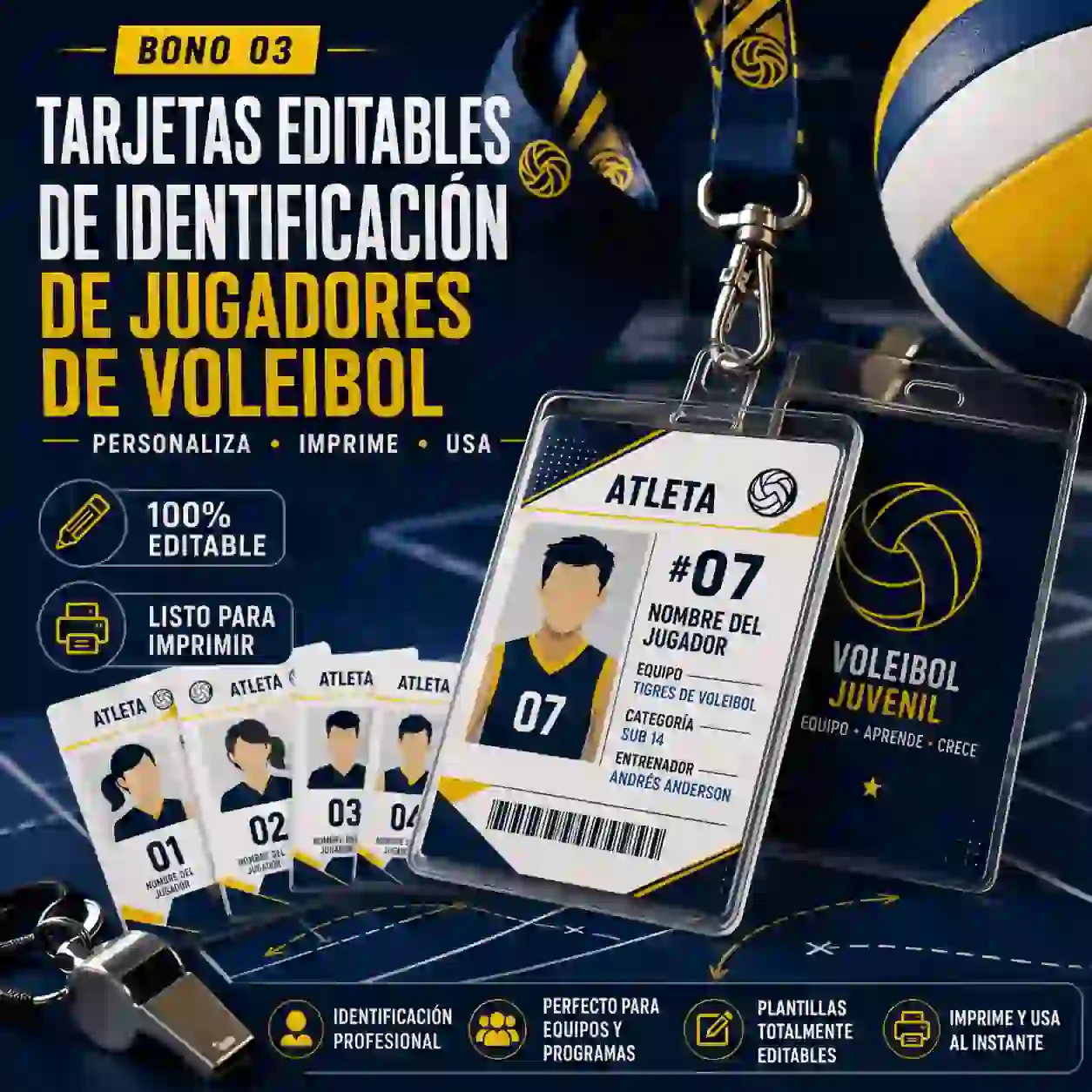Bono 3 — TARJETAS EDITABLES DE IDENTIFICACIÓN DE JUGADORES DE VOLEIBOL